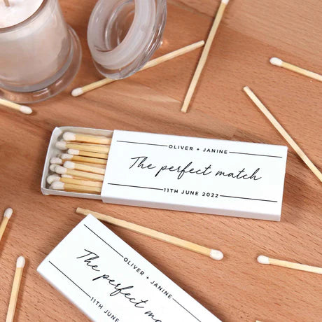 Long stem personalised matchboxes for bespoke wedding favours. 