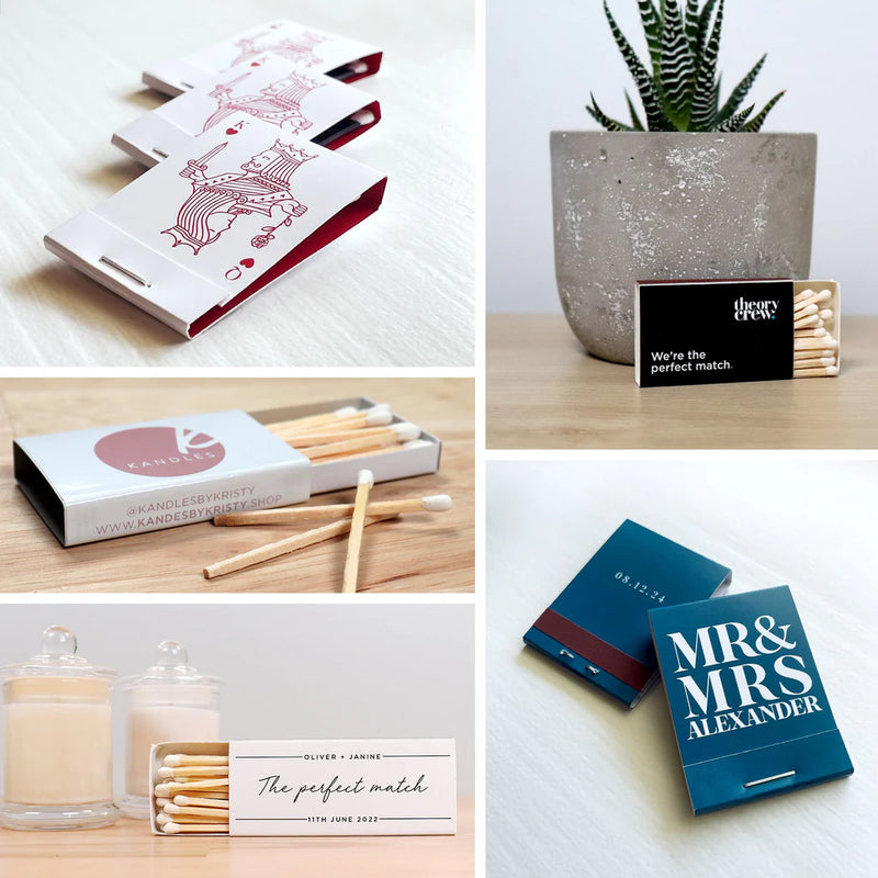 Collage of custom printed matchboxes and matchbooks with personalized designs.